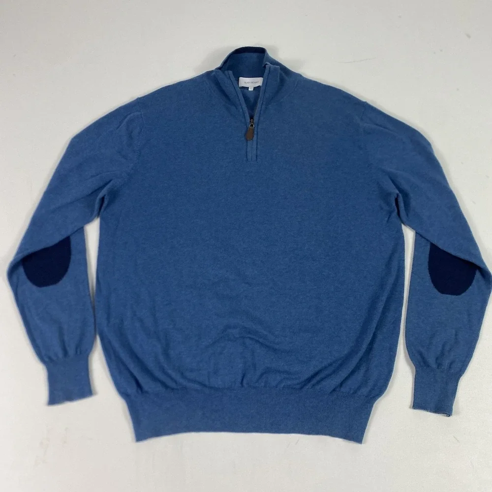 Alain Figaret Sweater Mens Large Blue 1/4‎ Zip Mock Neck Elbow Patch Knit